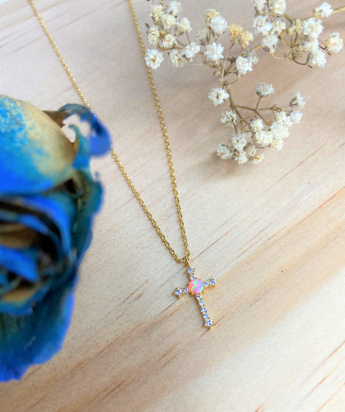 Pink Stone Cross Necklace